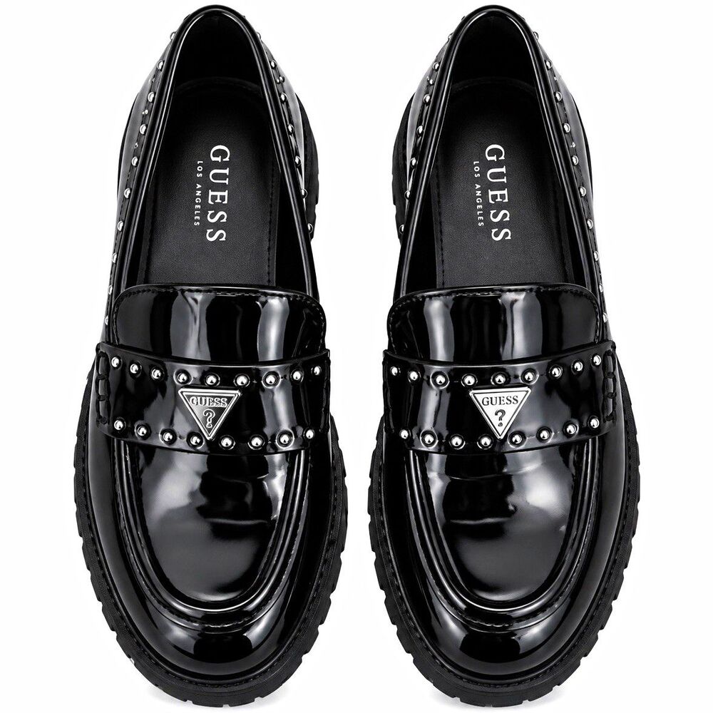GUESS Women’s Black Leather Studded Logo Loafer Flats Slip-On Round Toe 6.5